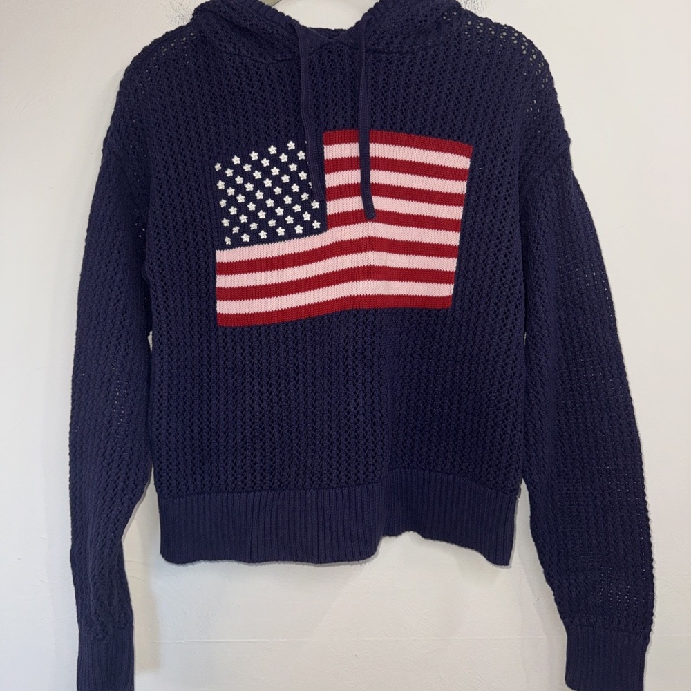 Women Cable Knit Hoodie Sweater Navy Blue USA American Nautical Flag NO SIZE TAG